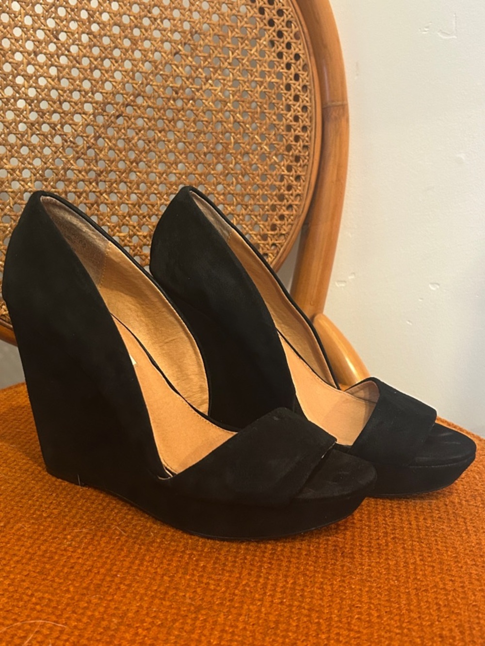 Naughty Monkey Black Suede Peep Toe Wedge Heels